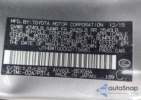 2016 Lexus Es 300H from USA, damaged, VIN JTHBW1GG0G2115680